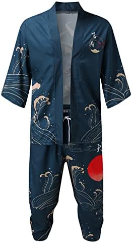 Xiloccer Japon Tarzı Kimono Üstleri Pantolon Setleri Erkekler için Hafif Yedi Kollu Baskılı Erkek Açık Ön Hırka ve