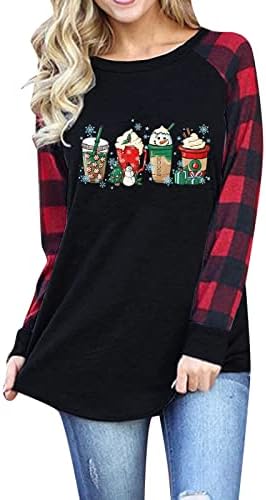 ıLUGU Bayan Günlük Noel Baskı O Boyun Tankı Üstleri Uzun Kollu Gömlek Casual Gevşek Tees Kadın T Shirt