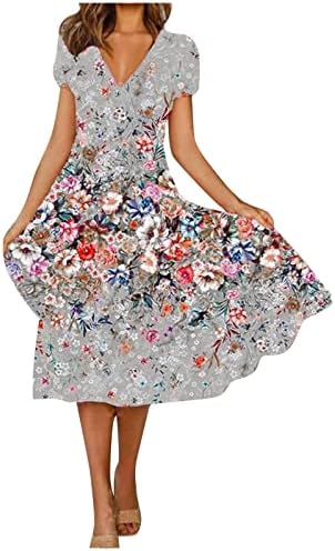 ZEFOTİM Yaz Elbiseler Kadınlar için 2023 Kısa Kollu / Kolsuz Çiçek V Boyun Midi Elbise Moda Rahat Dökümlü Elbiseler