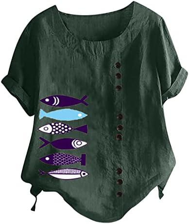 Kadın Pamuk Keten Yaz Üstleri Artı Boyutu Kısa Kollu Tunik Gömlek Sevimli Balık Baskı T-Shirt Rahat Gevşek Düğme Bluz