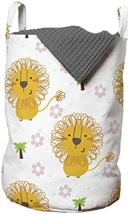 Lunarable Aslan Çamaşır Torbası, Çiçekler ve Tropikal Ağaç Motifleri Doodle ile Çocuk Karikatür Tarzı Orman Hayvanı,