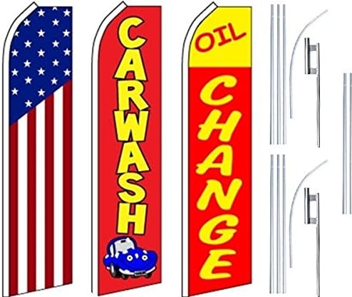 Otomobil Mağazası Hizmetleri Süper Bayrak 3'lü Paket ve Direkler - ABD Bayrağı-Araba Yıkama kırmızısı-Yağ Değişimi