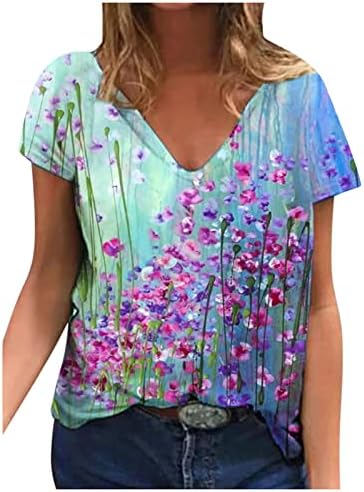 Kadın Gömlek Şık Rahat Çiçek Tee Üstleri V Boyun Yaz Kazak T Shirt Baskılı Tunik Kısa Kollu Rahat Bluzlar