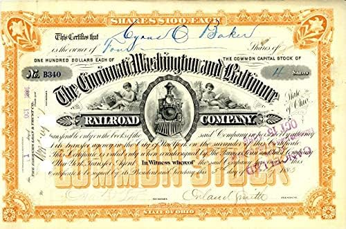 Cincinnati, Washington ve Baltimore Demiryolu A. Ş. Orland Smith tarafından İmzalanmış - Hisse Senedi Sertifikası